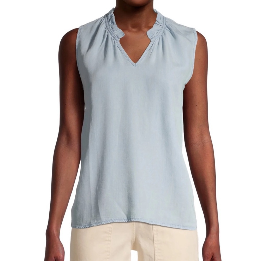 Time and Tru Blue Chambray Ruffle Collar Tank Top